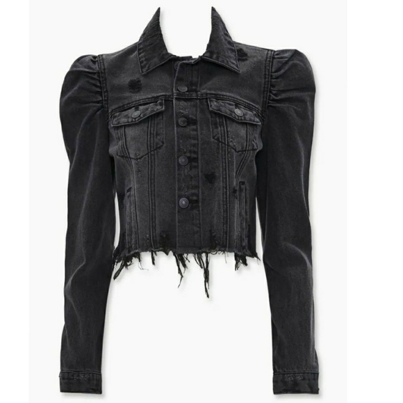 black puff shoulder denim jacket
